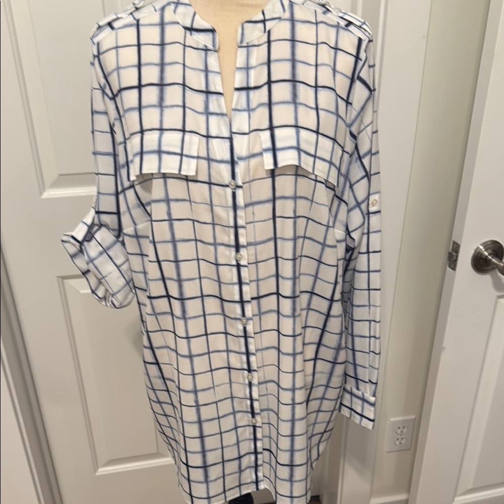 Calvin Klein Blue and White Blouse with V-Neck and Roll-Up Sleeves